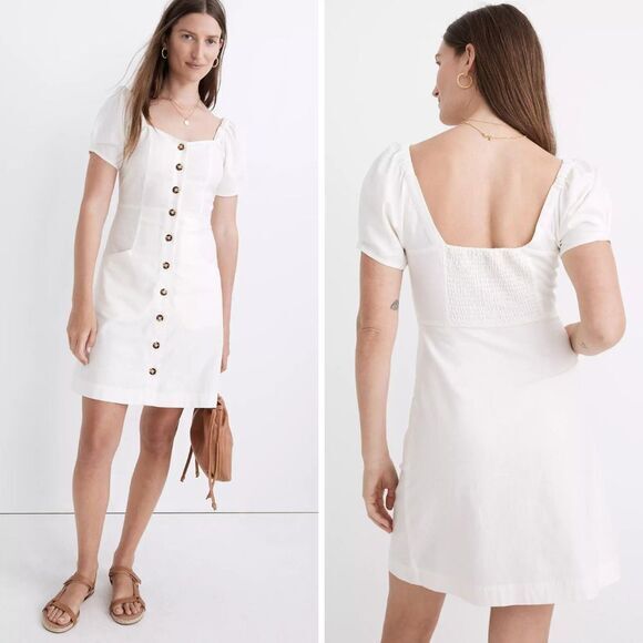 NEW Madewell Linen-Cotton Puff-Sleeve Mini Dress,‎ lighthouse, 12 - Picture 1 of 16